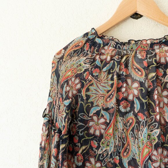Sundance Silk Peasant Blouse Womens Small Floral Tassel Tie Sheer Boho Top - Picture 10 of 13